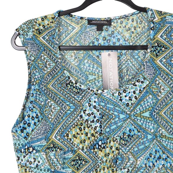 Notations Sleeveless Blouse L Womens New Ruffle Layers Geometric Blue Green - Picture 2 of 6